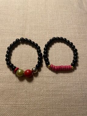 Black Beaded Stretch Bracelets with Red & Green Accents